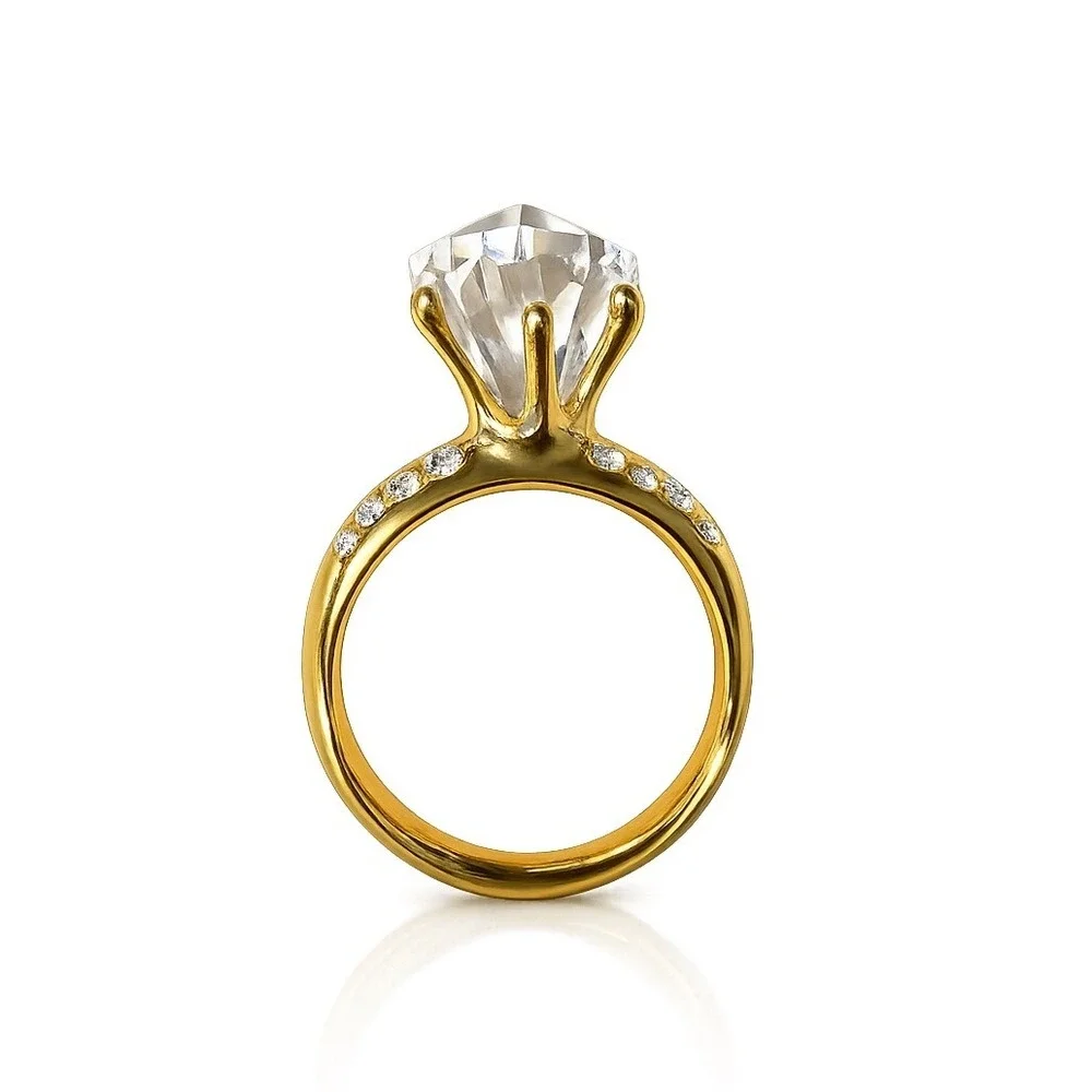 Flawed Gem!‎ Gold Tone Ring Brooch Pin Large Clear Faceted Crystal Rhinestone